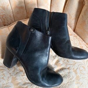 Women's Black Leather Ankle Booties with Block Heel